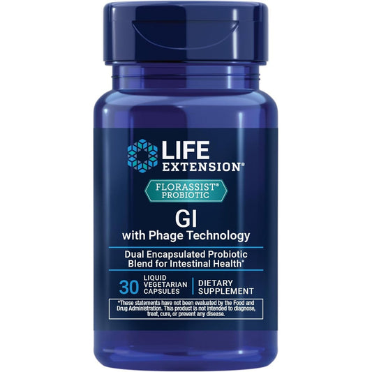 Life Extension Florassist GI Probiotic bottle front view showcasing advanced digestive health benefits.
