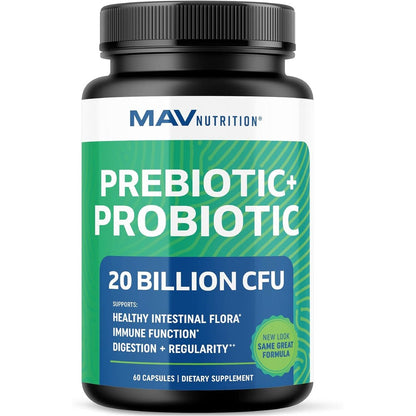 MAV Nutrition Pre and Pro Synbiotic 60 capsules front bottle view for digestive health