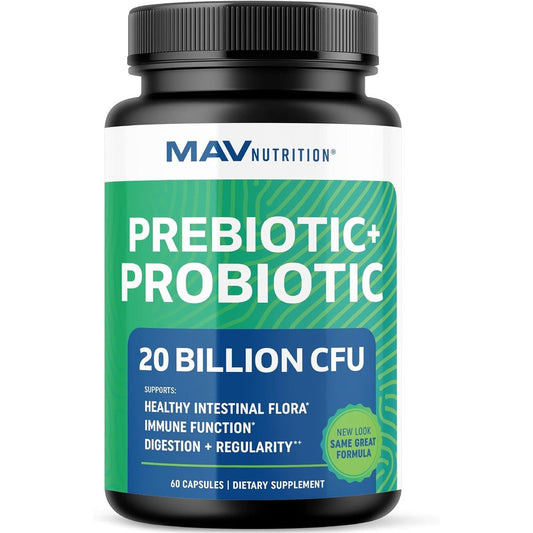MAV Nutrition Pre and Pro Synbiotic 60 capsules front bottle view for digestive health