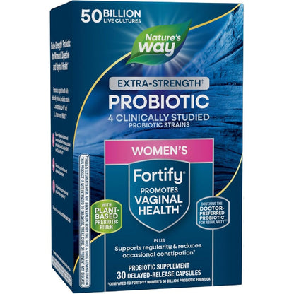 Nature's Way Fortify Extra Strength Women's 50 Billion Probiotic bottle front view displaying daily supplement facts.