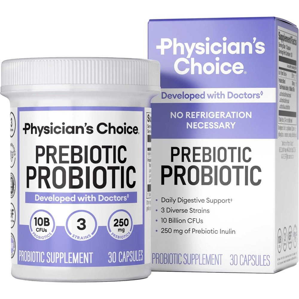 Physician's Choice Prebiotic Probiotic MultiStrain Synergist 30 Capsules front view bottle for digestive health