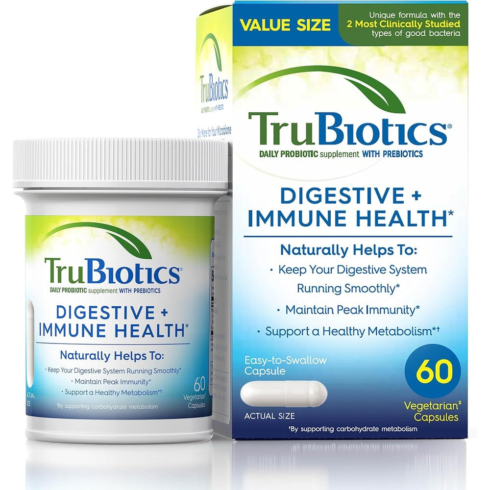 TruBiotics daily probiotic supplement front bottle view with capsule count