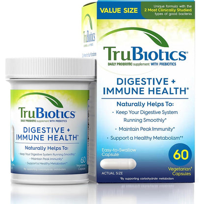 TruBiotics Daily Probiotic Supplement 60 Capsules front view package showing digestive health benefits