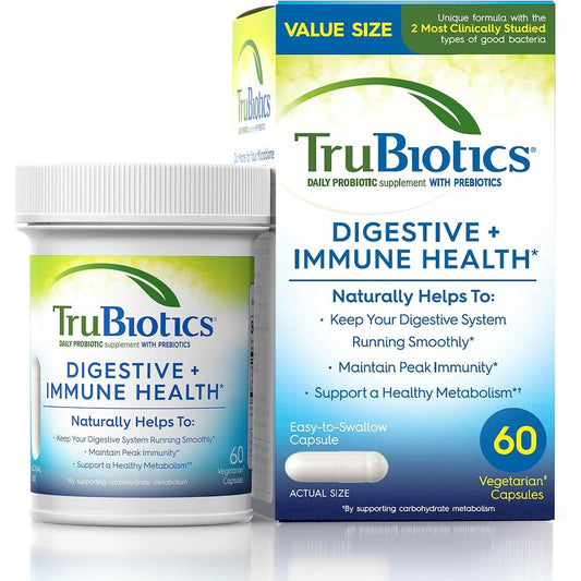 TruBiotics Daily Probiotic Supplement 60 Capsules front view package showing digestive health benefits