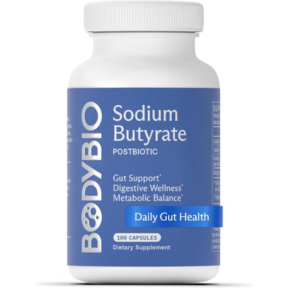 BodyBio Sodium Butyrate 100 Capsules front bottle view for gut health
