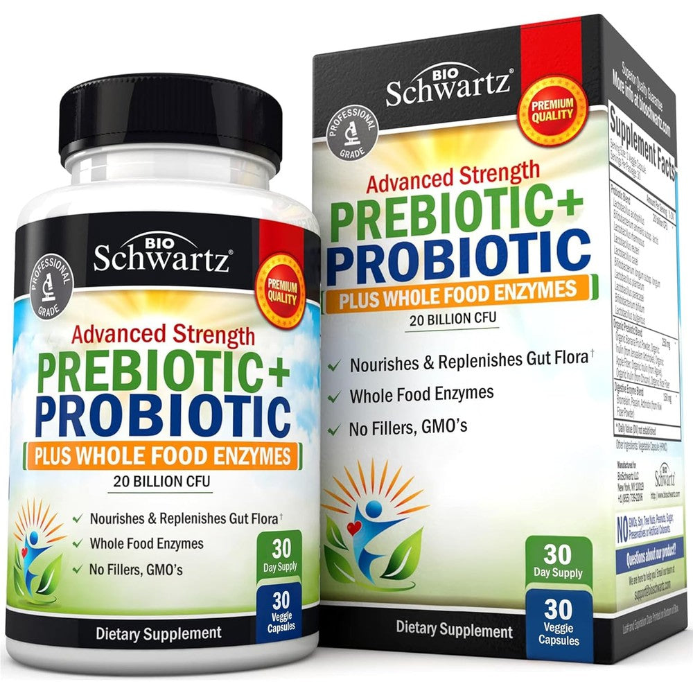 BioSchwartz Advanced Strength Pre and Probiotic 30 Capsules front view showcasing premium gut health supplement packaging.