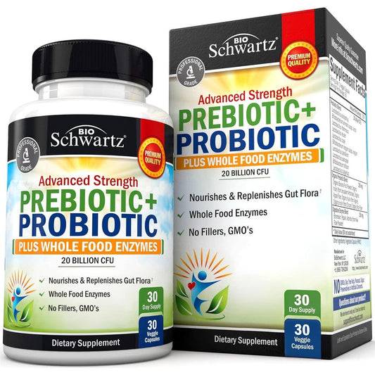 BioSchwartz Advanced Strength Pre and Probiotic 30 Capsules front view showcasing premium gut health supplement packaging.