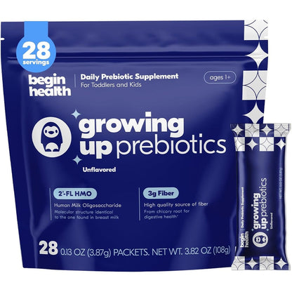 Begin Health Growing Up Prebiotics for Kids box front view showcasing authentic digestive supplement packaging.