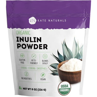 Kate Naturals Organic Inulin Powder front package view showing blue agave prebiotic fiber details.