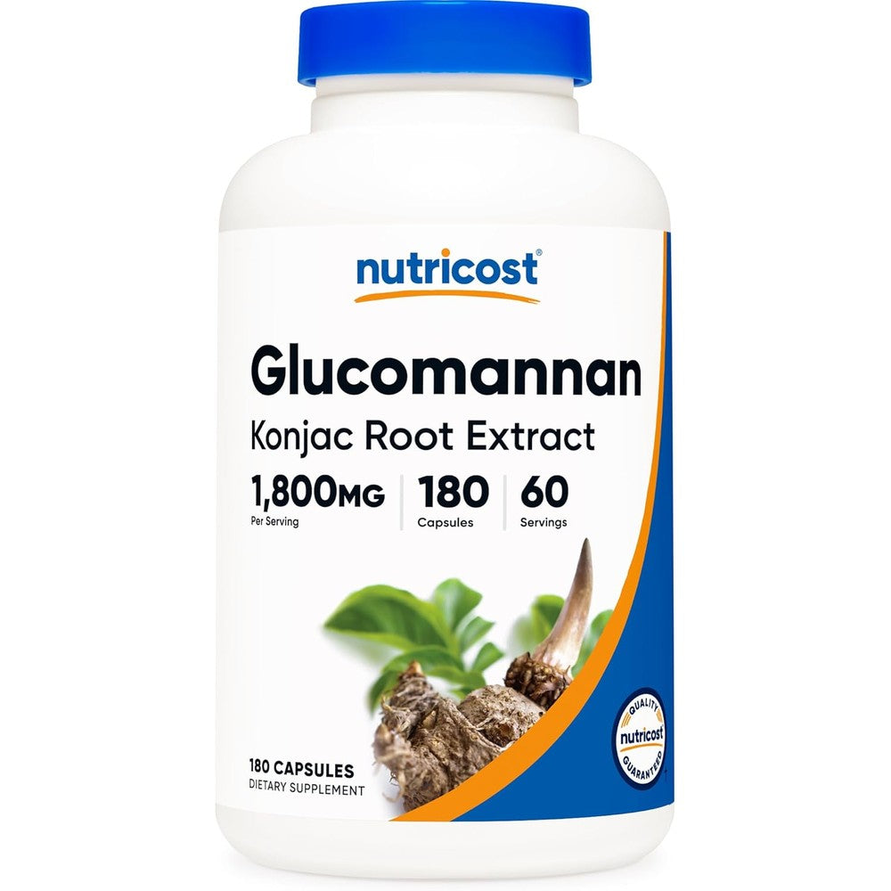 Nutricost Glucomannan 1800 Milligrams 180 Capsules front view bottle for natural fiber intake.