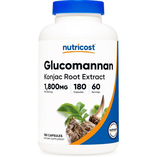 Nutricost Glucomannan 1800 Milligrams 180 Capsules front view bottle for natural fiber intake.