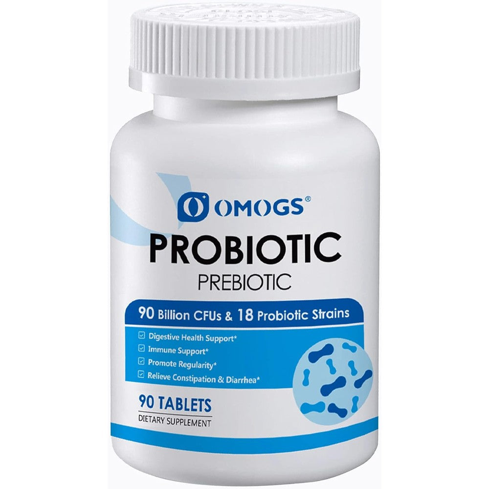 OMOGS 90 Billion CFUs Probiotics 90 tablets bottle front view for gut health