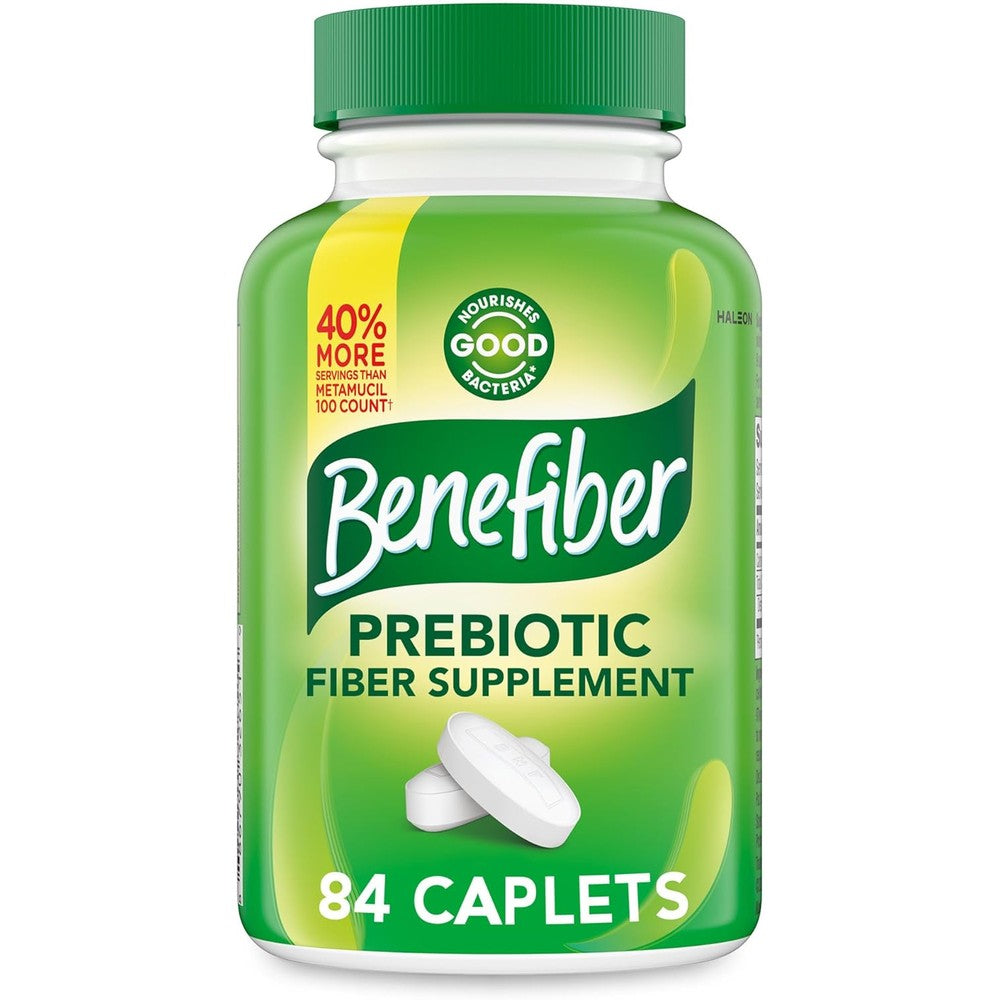 Benefiber Prebiotic Fiber 84 Caplets front view showing packaging label