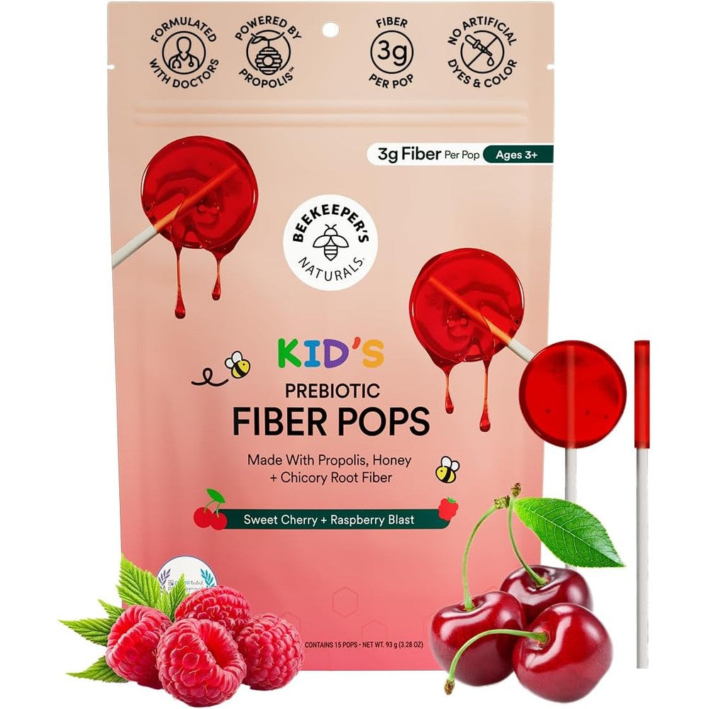 Beekeeper's Naturals Kids Prebiotic Fiber Lollipops front packaging view for child digestive health.