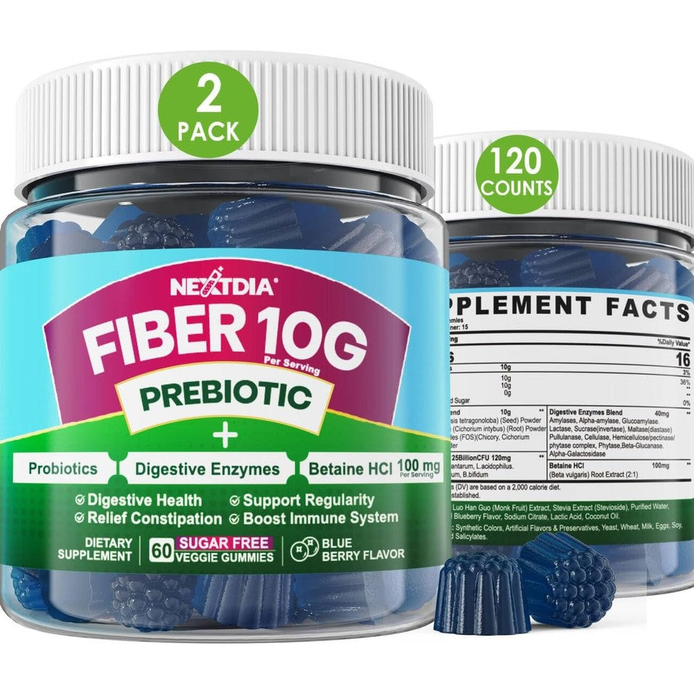 Nextdia Prebiotic Fiber 120 Sugar Free Gummies bottle front view for adult digestive health.
