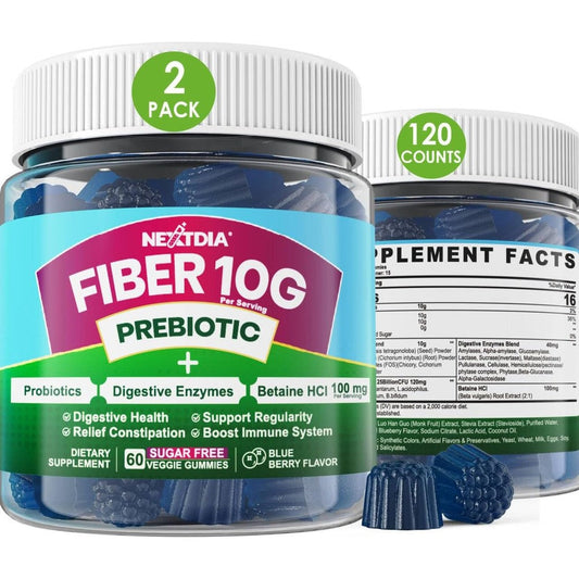 Nextdia Prebiotic Fiber 120 Sugar Free Gummies bottle front view for adult digestive health.