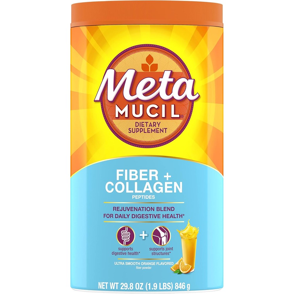 Metamucil Daily Fiber and Collagen Rejuvenation Blend orange flavor canister front view