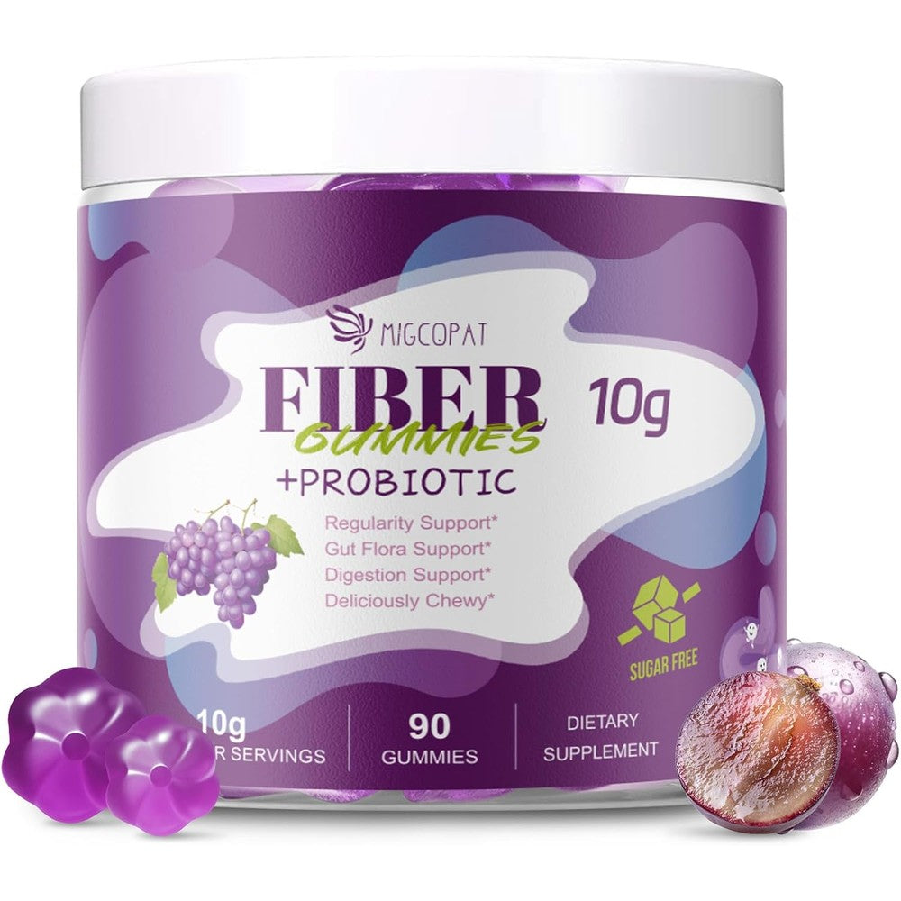 Migcopat 10g Fiber and Probiotic 90 Grape Gummies front label showing digestive health benefits.