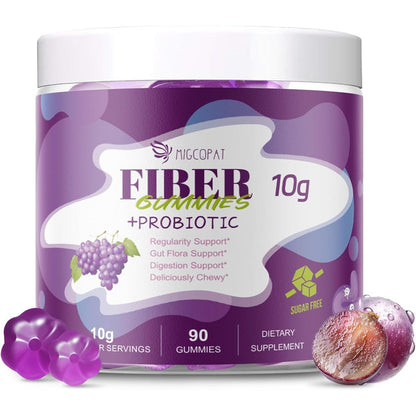Migcopat 10g Fiber and Probiotic 90 Grape Gummies front label showing digestive health benefits.