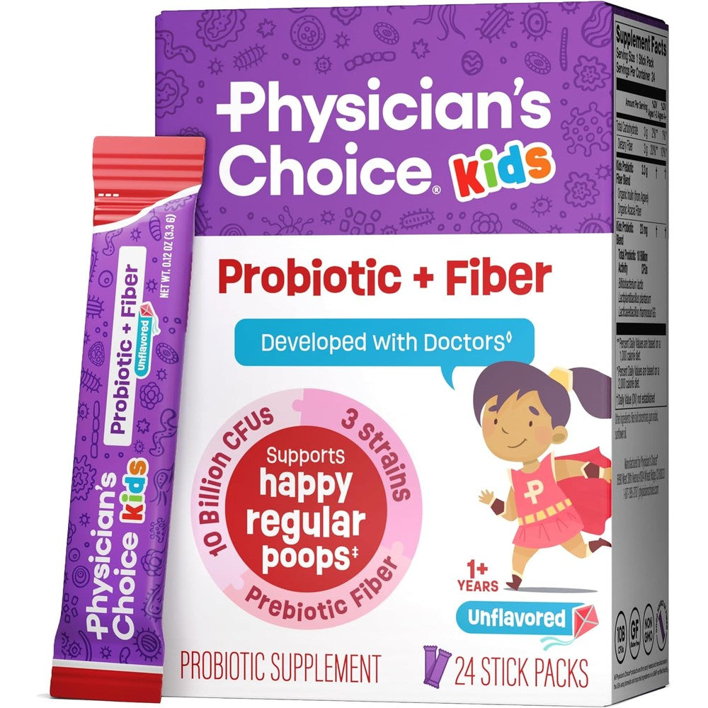 Physician's Choice Kids Probiotic plus Prebiotic Fiber Packets front view showing 24 stick packs packaging.