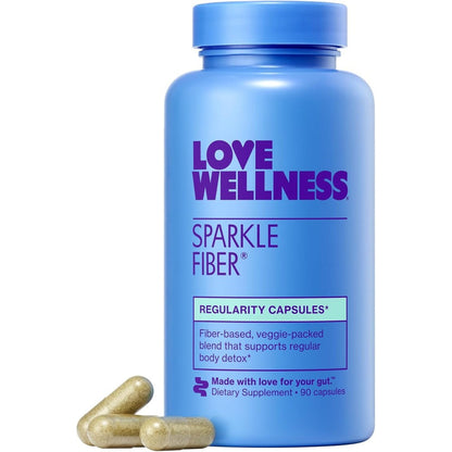 Love Wellness Sparkle Fiber 90 capsules bottle front view for regular digestion.