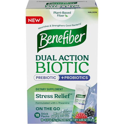 Benefiber Dual Action Biotic Plus Stress Relief 18 stick packs front view showing packaging details