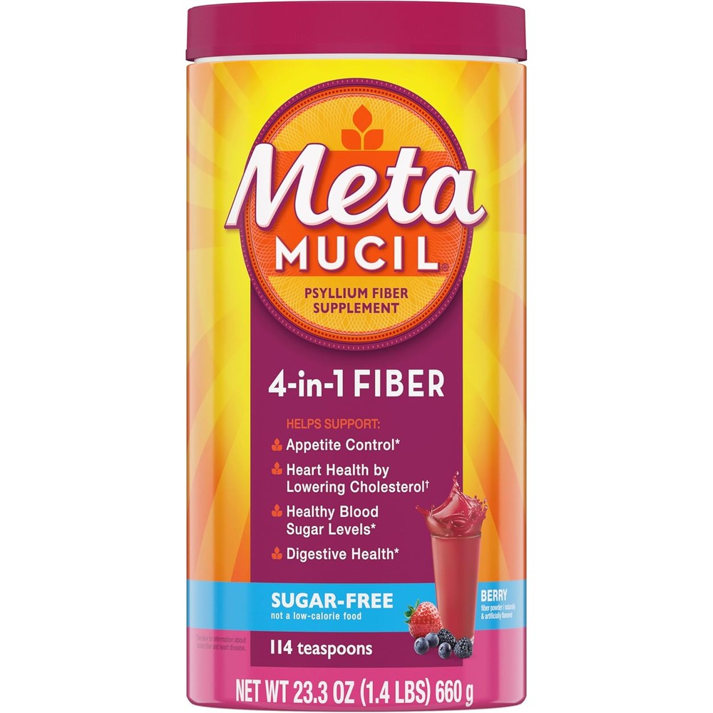 Metamucil 4-in-1 daily psyllium husk fiber supplement powder front container view