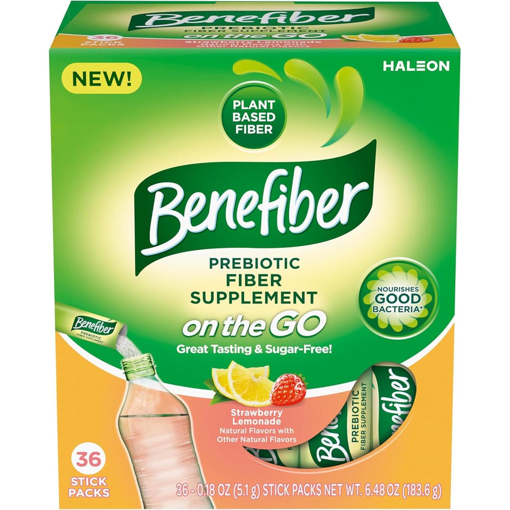 Benefiber Prebiotic Fiber Supplement Strawberry Lemonade 36 stick packs front box view for digestive health