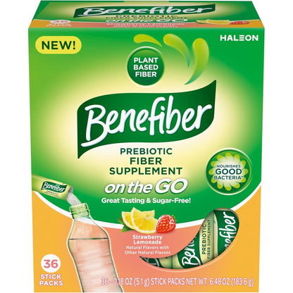 Benefiber Prebiotic Fiber Supplement Strawberry Lemonade 36 stick packs front box view for digestive health