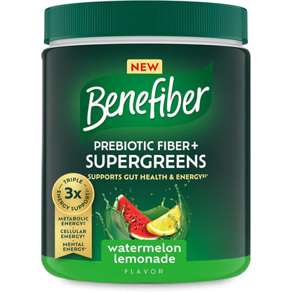 Benefiber Prebiotic Fiber plus Supergreens dietary supplement powder front view tub
