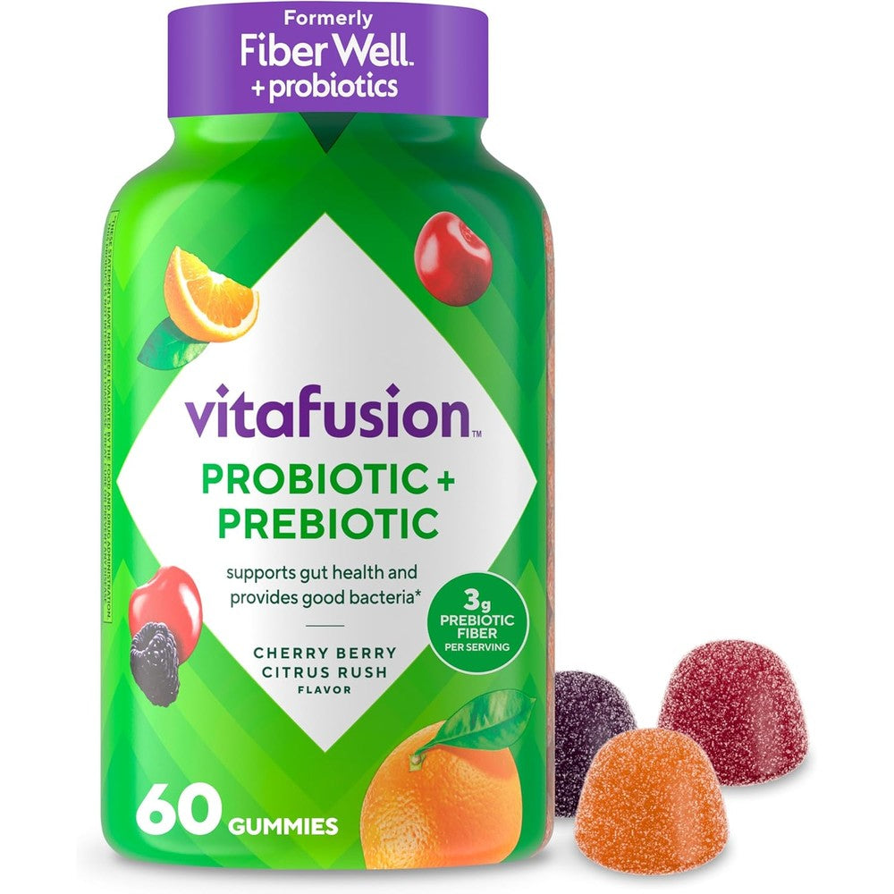 Vitafusion Probiotic Prebiotic Fiber 60 Gummies front bottle packaging for adult digestive health