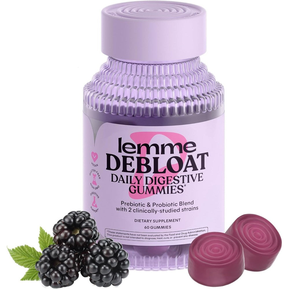 Lemme Debloat daily digestive probiotic and prebiotic blackberry gummies front bottle view