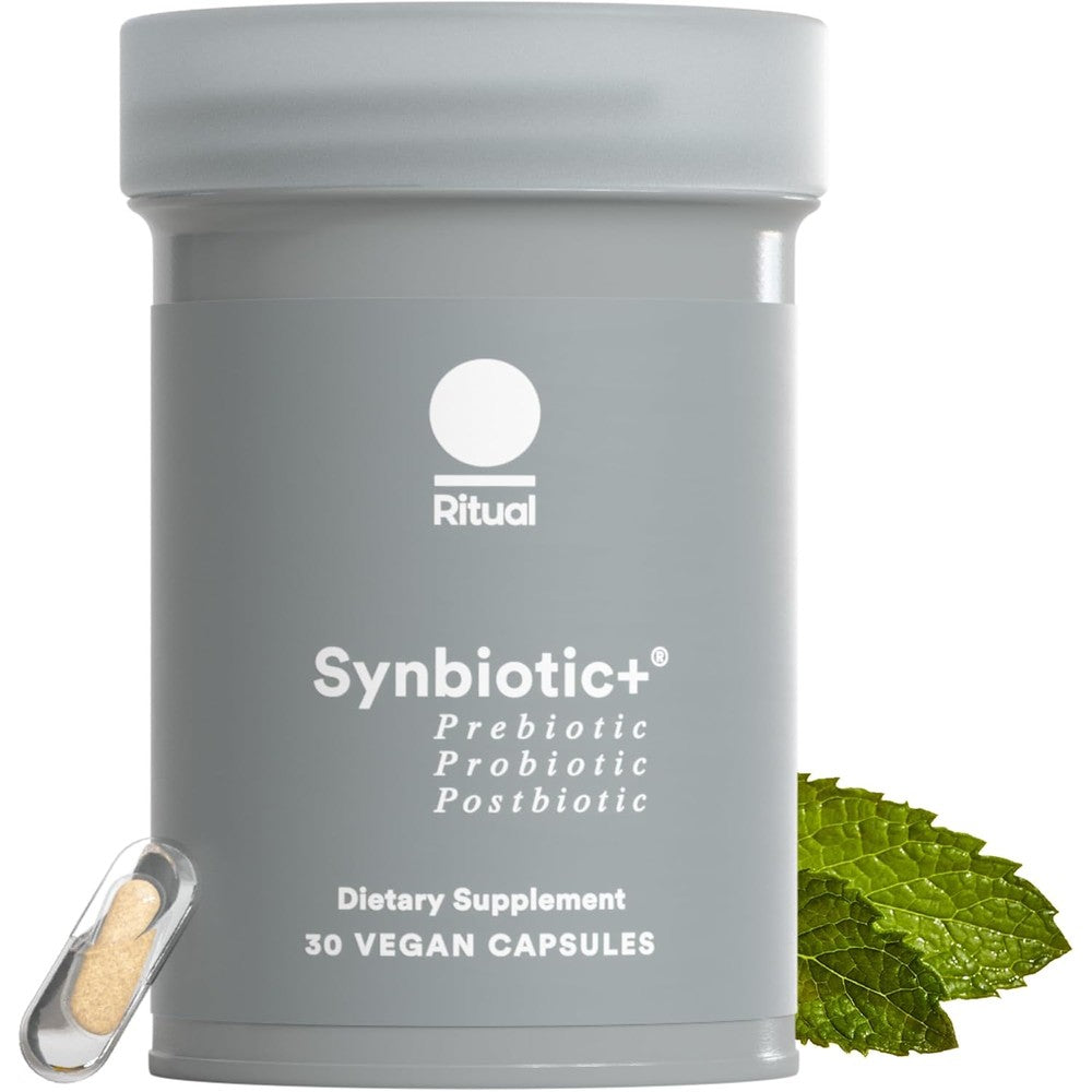 Ritual Synbiotic 3-in-1 gut health supplement bottle front view showcasing 30 vegan capsules.