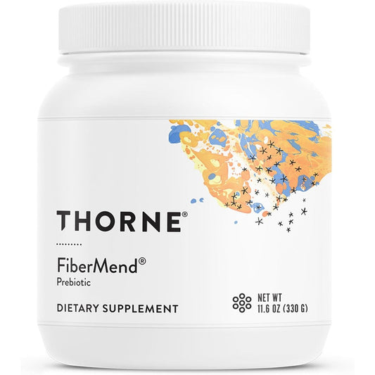 Thorne FiberMend Prebiotic Fiber Powder front view of unflavored supplement jar for digestive health