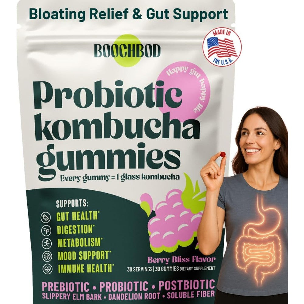 BoochBod Probiotic Kombucha Raspberry Gummies front view showing the product packaging for USA gut health supplements.