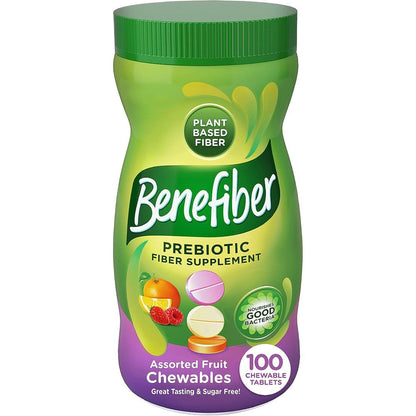 Benefiber Chewable Prebiotic Fiber Supplement 100 Tablets front view showcasing assorted fruit flavors packaging.