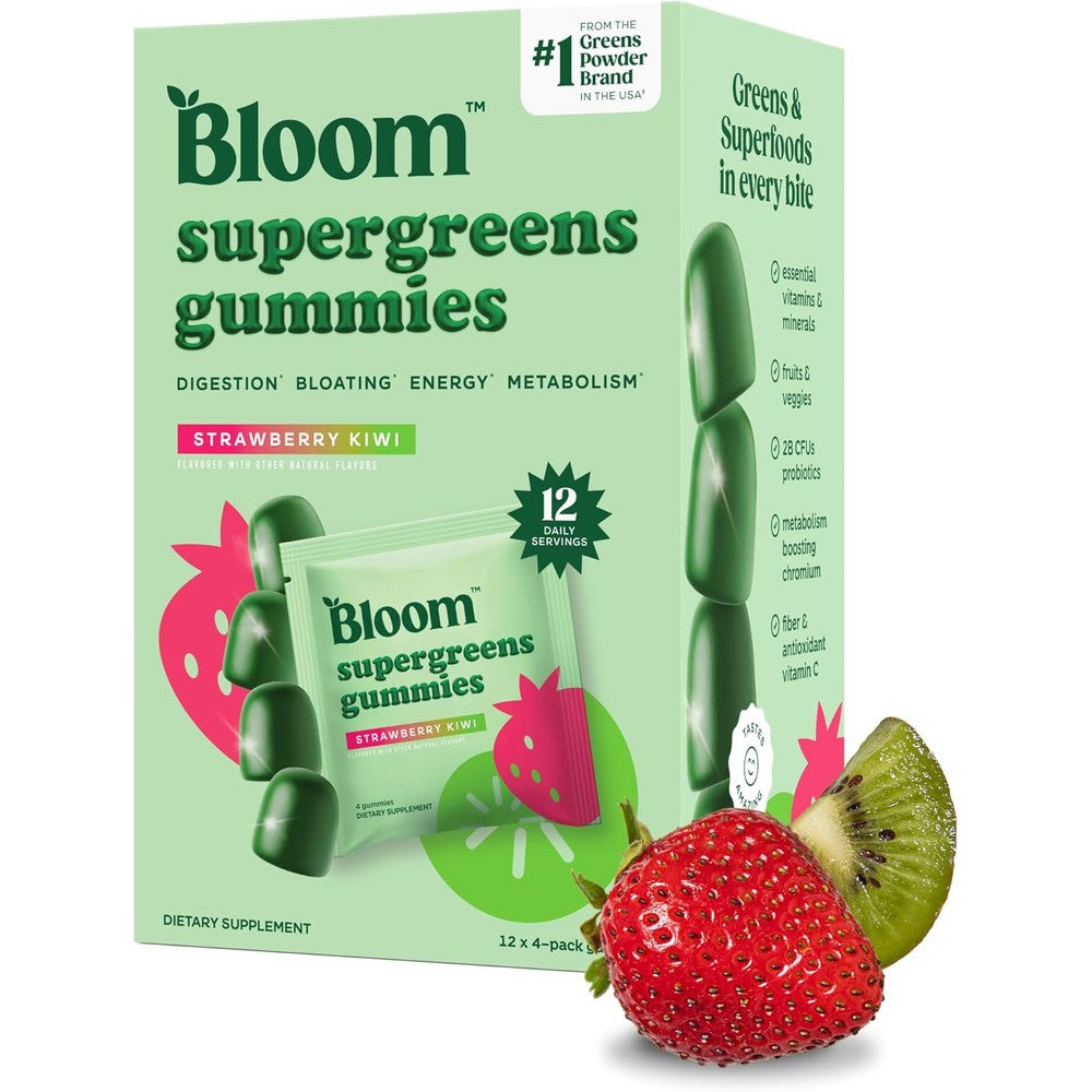 Bloom Nutrition Super Greens Gummies front view for daily gut health supplement