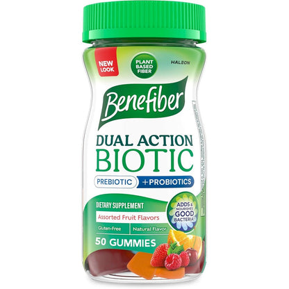 Benefiber Prebiotic Fiber plus Probiotics 50 Gummies bottle front view for digestive health support