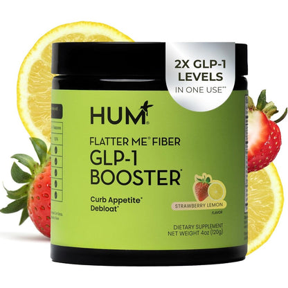 HUM Flatter Me Fiber Powder front view showing strawberry lemon flavor packaging.