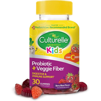 Culturelle Kids Probiotic and Veggie Fiber Gummies 30 count front bottle view for children digestive health