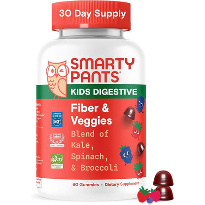 SmartyPants Kids Prebiotic Fiber and Veggies 60 Gummies front view bottle for children digestive health