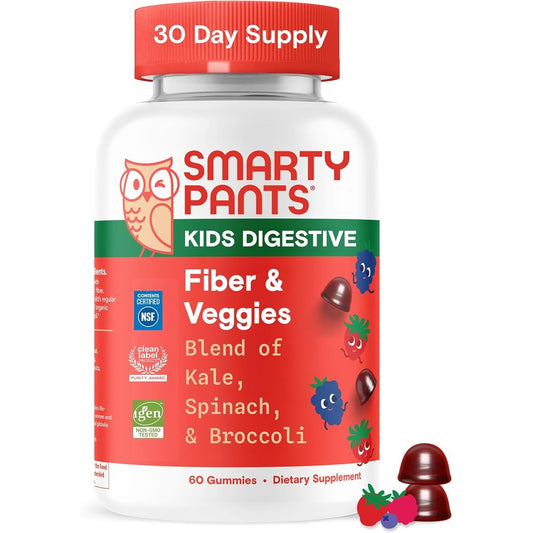 SmartyPants Kids Prebiotic Fiber and Veggies 60 Gummies front view bottle for children digestive health