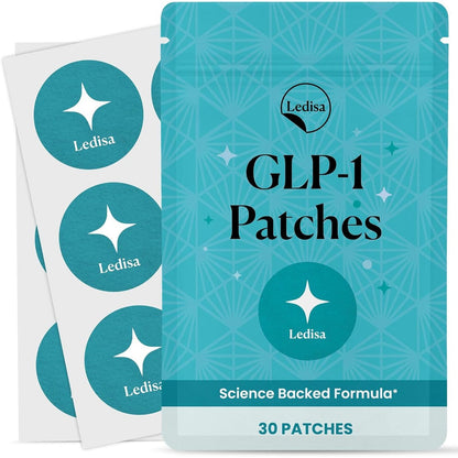 Ledisa GLP-1 Wellness Patches front view packaging showing 30 transdermal stickers for metabolism support.