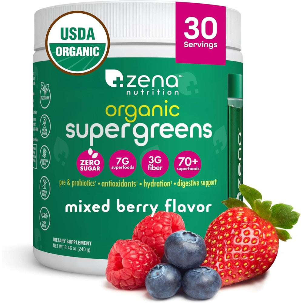 Zena Nutrition Organic Super Greens Powder front view highlighting seventy plus superfoods label