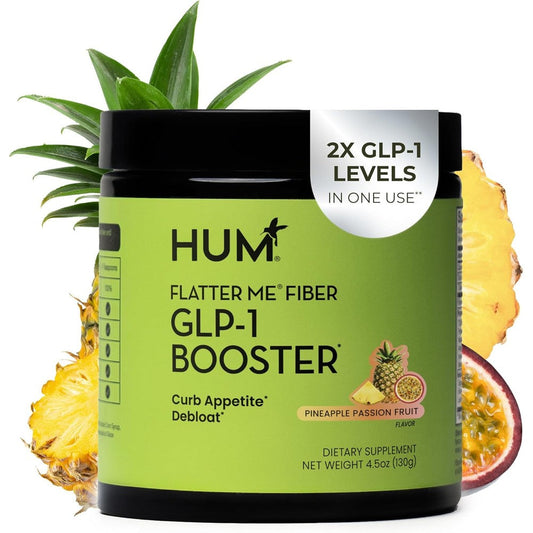 HUM Nutrition Flatter Me Fiber GLP-1 Booster powder front packaging for natural appetite control.