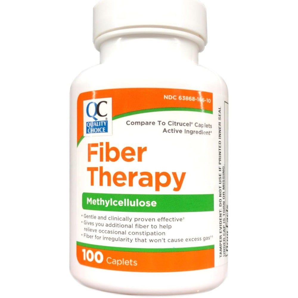Quality Choice Fiber Therapy 100 caplets front packaging for digestive regularity