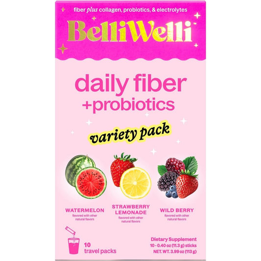 Belli Welli Daily Fiber Supplement Packets Variety Pack front view showing packaging box.