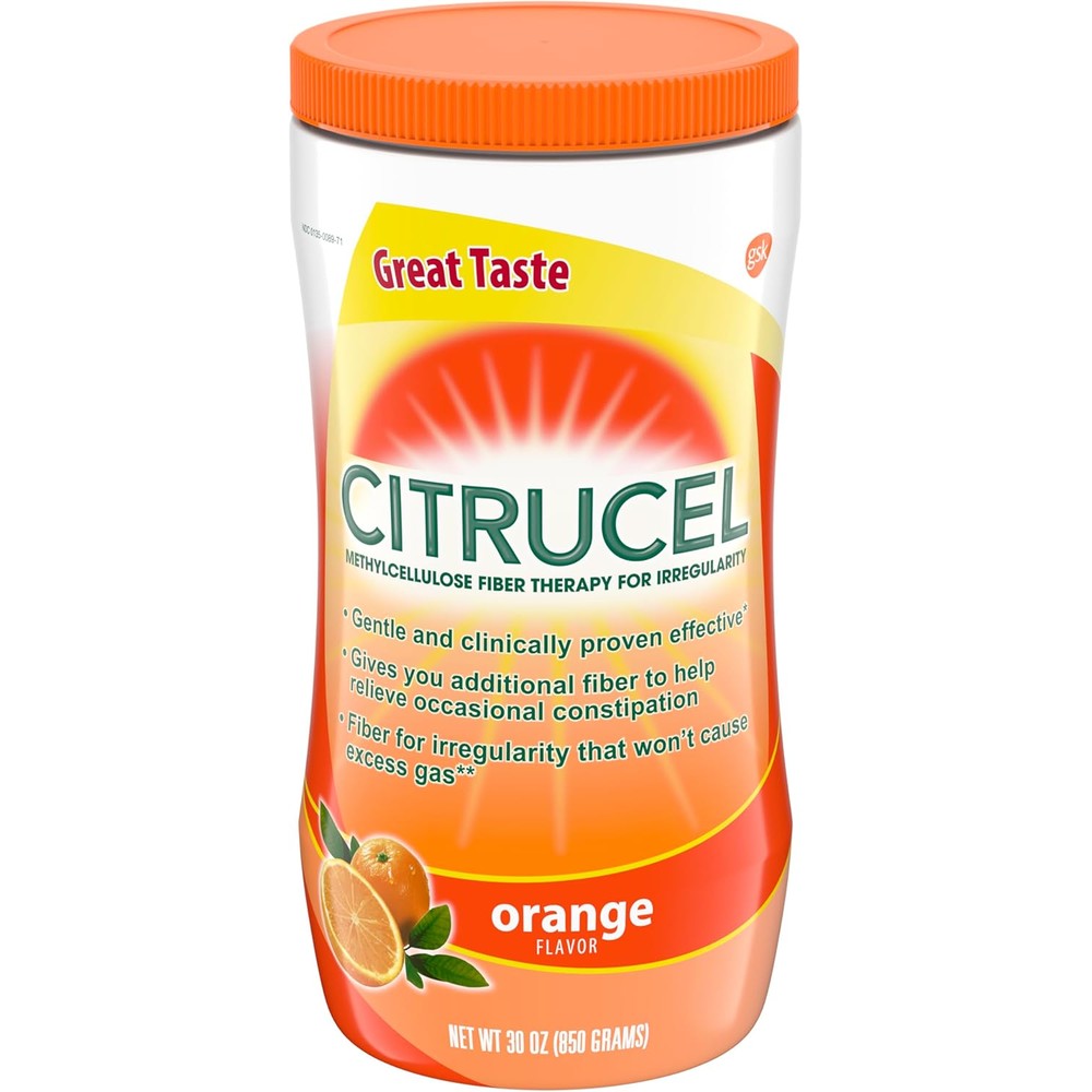 Citrucel fiber powder for occasional constipation relief orange flavour thirty ounces front view container