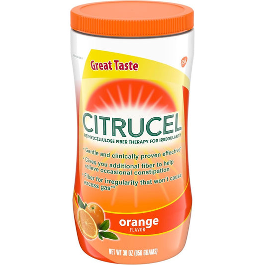 Citrucel fiber powder for occasional constipation relief orange flavour thirty ounces front view container