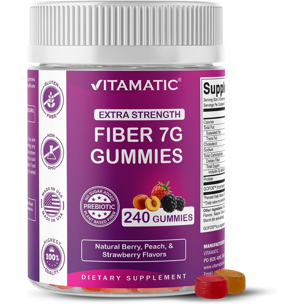 Vitamatic Prebiotic Fiber Gummies 240 count bottle front view showing adult digestive health support packaging.